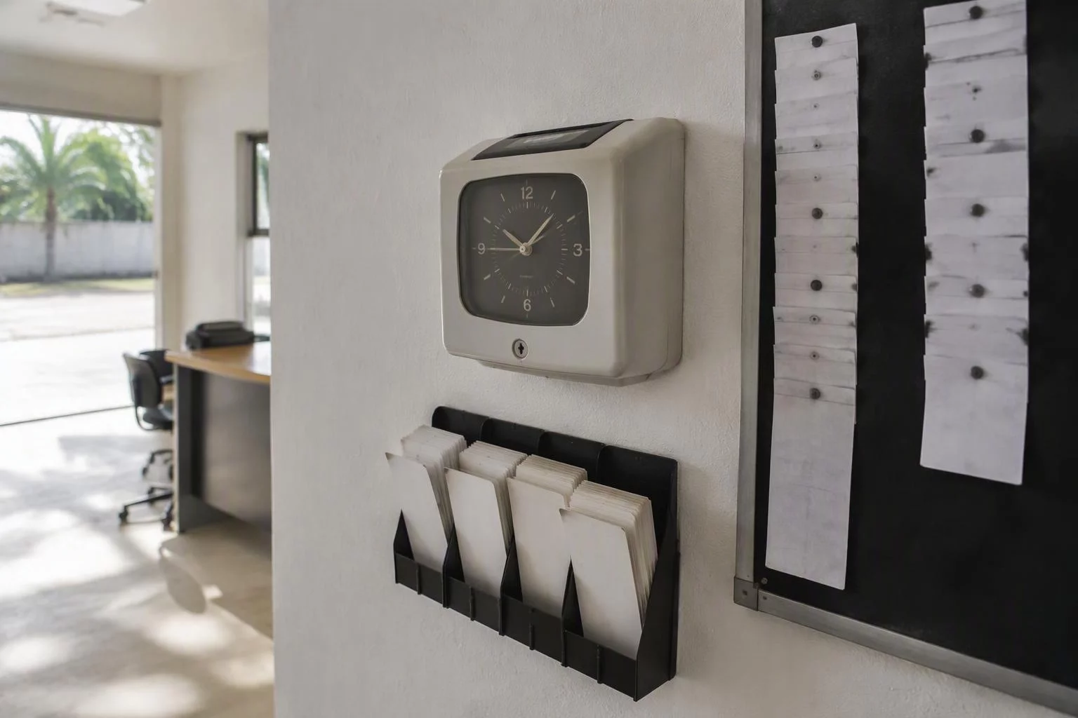Relógio de ponto na parede ao lado do quadro de rotas do dia