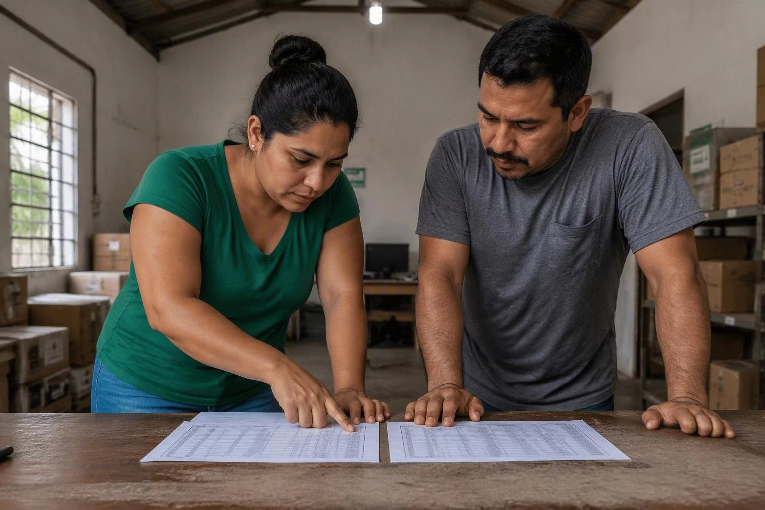 Duas pessoas comparando planilhas de pedido sobre a mesa do depósito