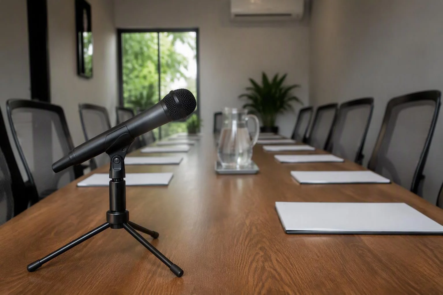 Microfone de mesa usado na reunião semanal com os representantes